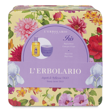 Carica l'immagine nel visualizzatore di Gallery, Elegante scatola in latta dell'Erbolario con Bagnogel e Crema per il Corpo linea Iris