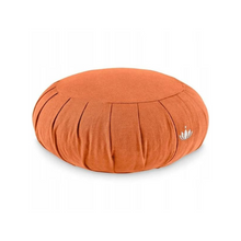 Carica l'immagine nel visualizzatore di Gallery, Cuscino rotondo in Kapok con loto ricamato colore arancio per meditazione e yoga