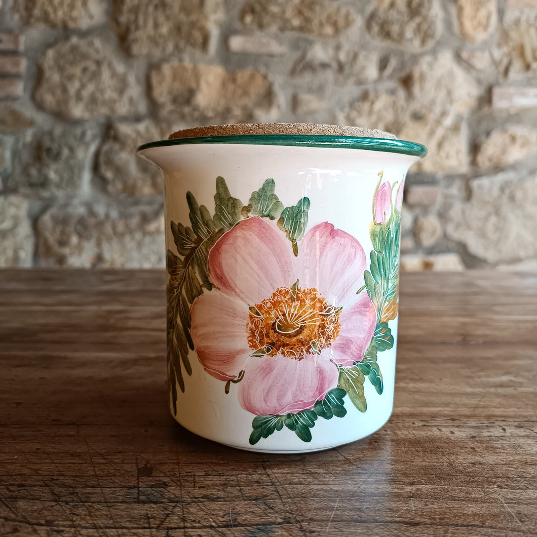 Vaso barattolo in terracotta dipinta a mano con tappo in sughero - decorazione a rose