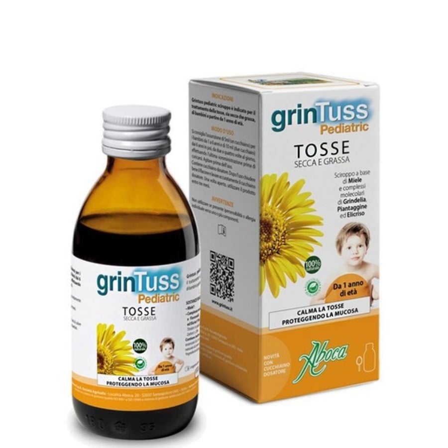 Grintuss Pediatric è uno sciroppo a base di Miele e complessi molecolari di Grindelia, Piantaggine e Elicrisio, indicato per il trattamento della tosse, sia secca che grassa, di bambini a partire da 1 anno di età