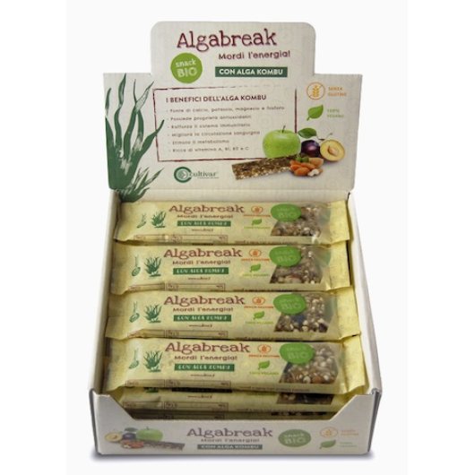ALGABREAK è lo snack salutare in barretta che racchiude al suo interno tutte le proprietà benefiche della preziosa alga kombu, unite all’energia naturale di ingredienti come le mandorle, le noci brasiliane, le prugne disidratate e i semi di girasole.
Può essere utilizzata anche nel regime alimentare Cultivar insieme al prodotto Alghemar frullato