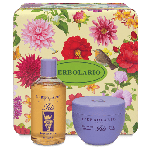 Elegante scatola in latta dell'Erbolario con Bagnogel e Crema per il Corpo linea Iris