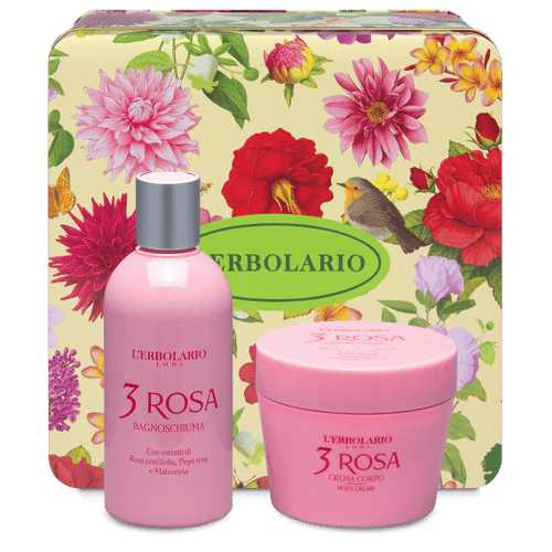 Elegante scatola in latta dell'Erbolario con Bagnogel e Crema per il Corpo linea 3 rosa