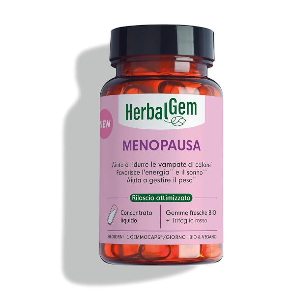 HerbalGem Gemmocaps Menopausa è un integratore alimentare naturale, ideato per supportare le donne durante la fase della menopausa, aiutando a ridurre i disagi comuni come vampate di calore, sudorazioni notturne, aumento di peso e disturbi del sonno. Con una formula 100% vegetale e biologica