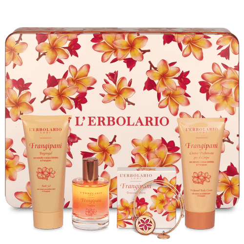 Elegante scatola fiorita de L'Erbolario con Profumo, Bagnogel, Crema per il Corpo e Bracciale-bijou linea Frangipani ad edizione limitata