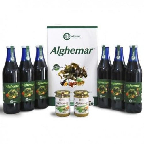 Kit Alghemar con 6 bottiglie di frullato da bere e due patè. Il frullato da bere ed il patè alghemar sono ricchi di alghe kombu. Le alghe kombu sono molto ricche di iodio, acidi grassi (omega 3 e 6), aminoacidi essenziali, oligoelementi, sali minerali, sostanze antiossidanti, vitamine.