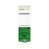 Olio essenziale puro di Rosmarino in flacone di vetro scuro con contagocce. L’olio essenziale di Rosmarino è utile per favorire la funzionalità digestiva ed epatica, è utile anche per rinforzare il capello e stimolarne la ricrescita